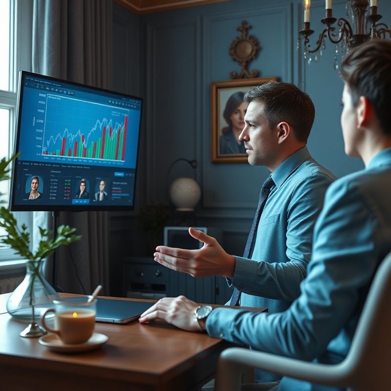 Prezentující sdílí obrazovku s finančními grafy při online webináři